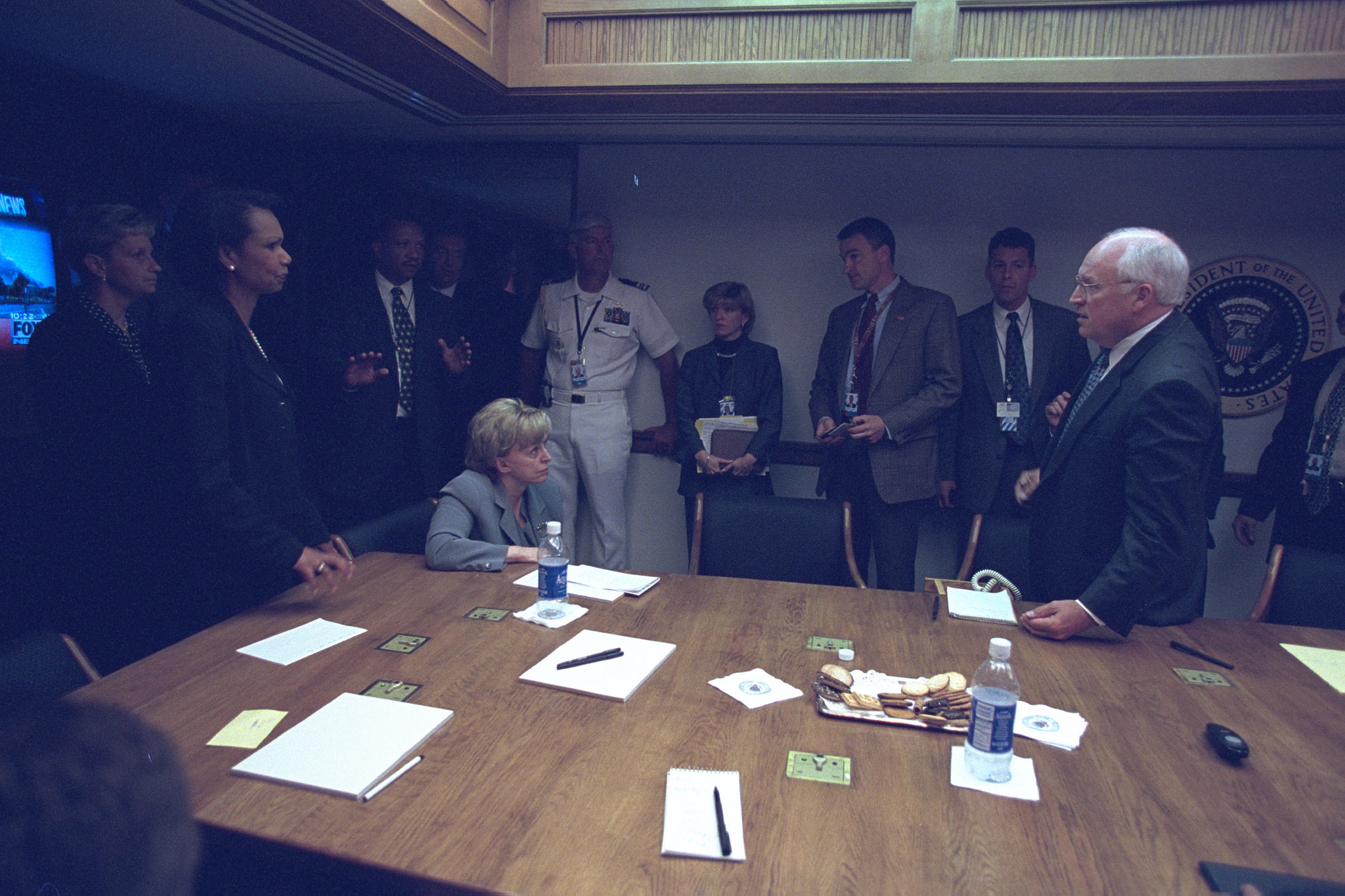 Vice President Cheney with Senior Staff in the President's Emergency Operations Center (PEOC). National Archives Identifier 20932904