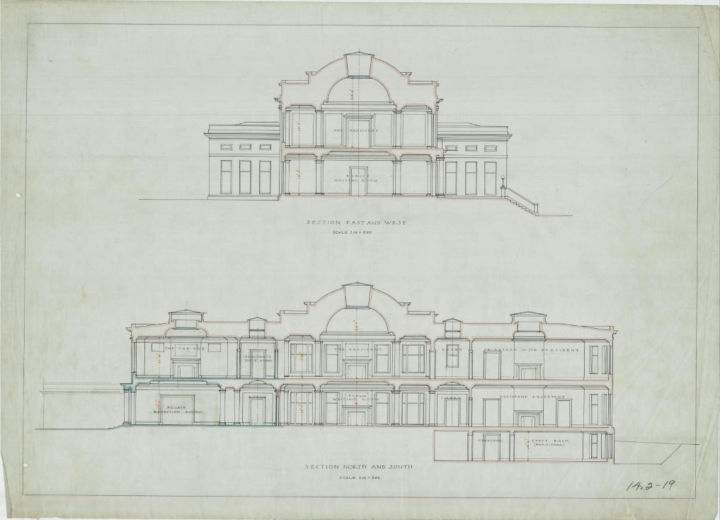 Interior Cross Sections of the West Wing on an East to West Axis and North to South Axis, White House