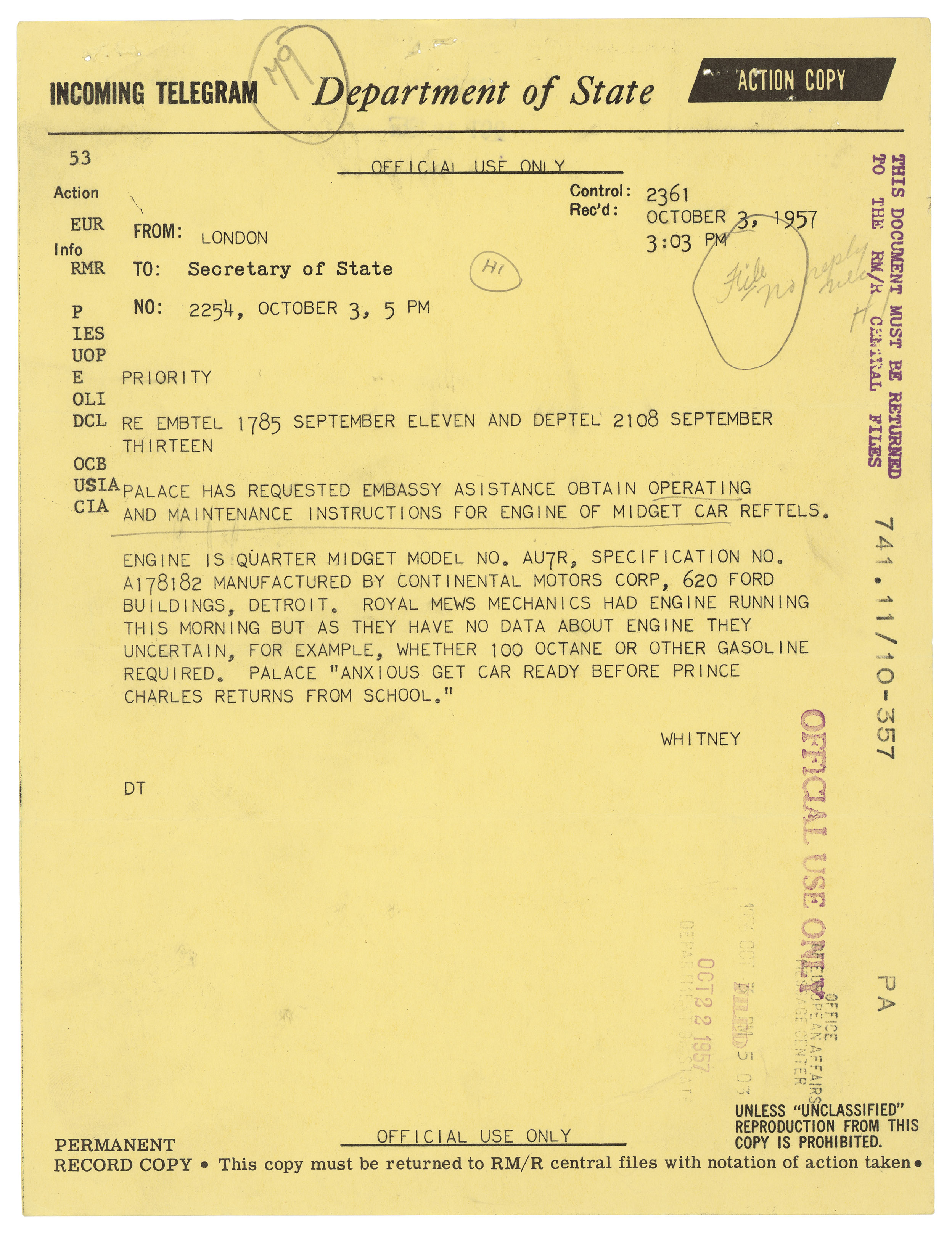 Telegram from U.S. Embassy in London to the Secretary of State, October 3, 1957