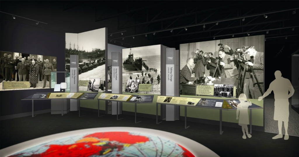 Photograph showing the exhibit space inside the Eisenhower Library and Museum. The exhibit shows photos documenting Eisenhower's career.