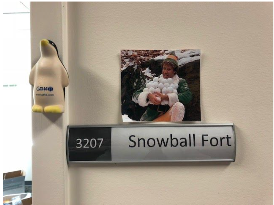 Image of the "snowball fort" sign outside the room where digital copies were transferred from hard drives.